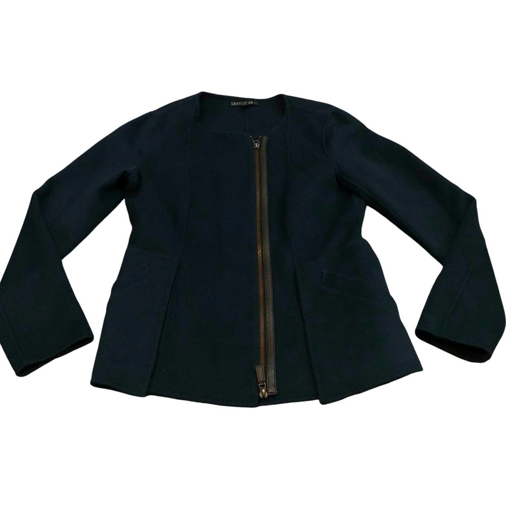 Lafayette 148 Jacket Womens 6 Green Wool Angora Blend Leather Trim Zip Up
